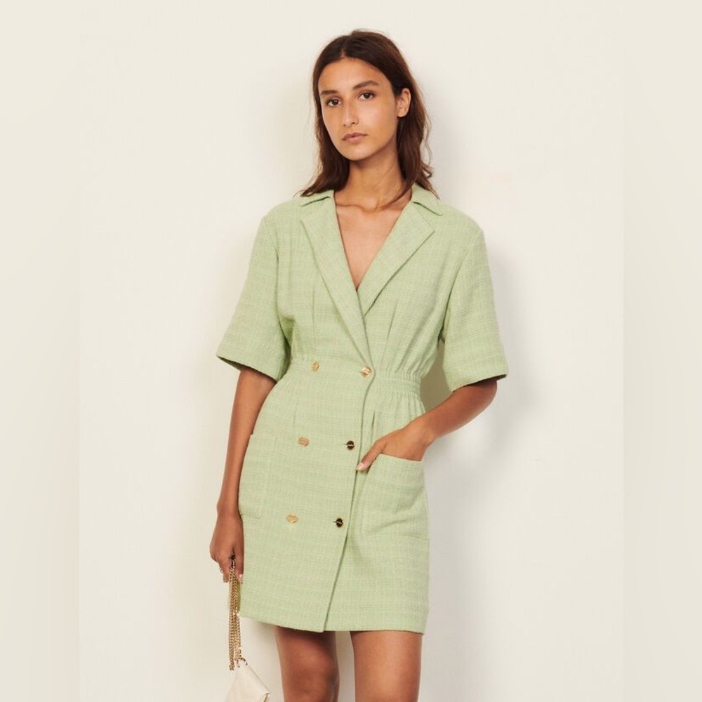 NWT - SANDRO Alize Double Breasted Tweed Dress - Almond Green - Size 36 - Green